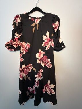 RW&CO. Black Midi Dress with Pink and Cream Floral Accents